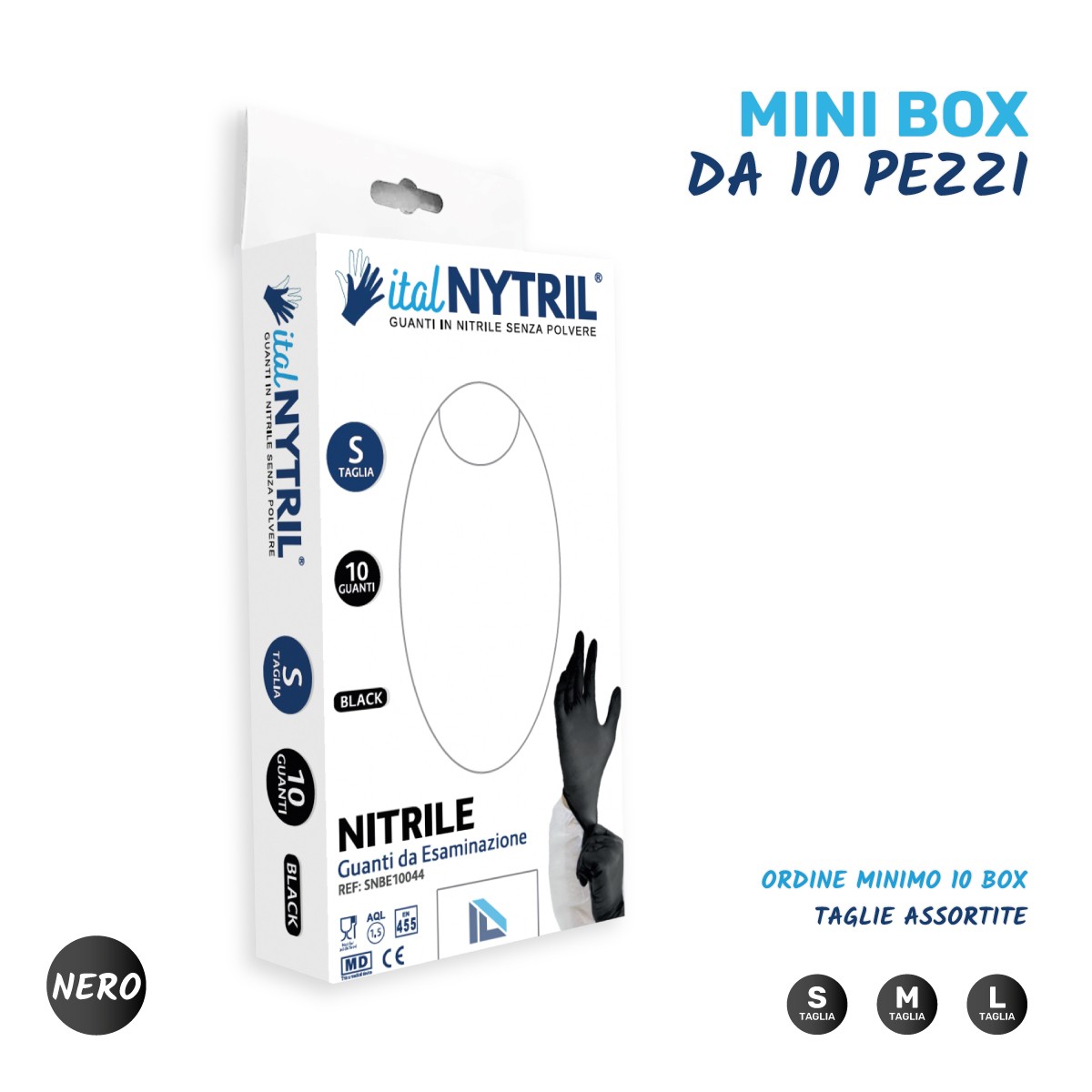 Mini box da 10 pezzi | Guanti in nitrile neri medicali sintetici monouso - Italnytril (Ordine min. 10 PZ)