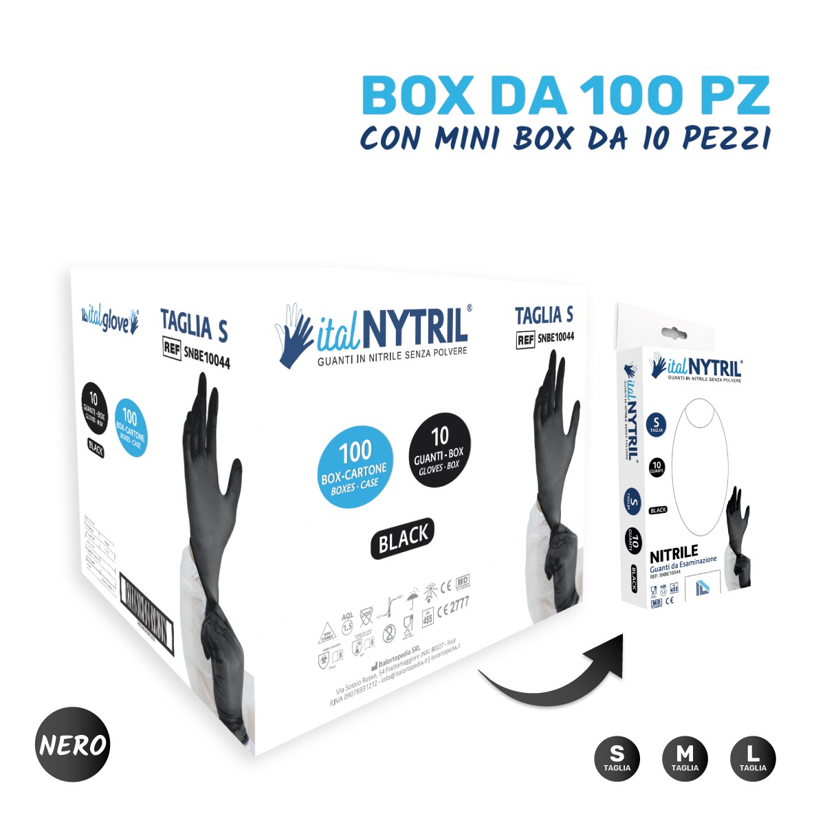 Box da 100 Pezzi (Neri) | Dispenser di Guanti in nitrile medicali sintetici  monouso - Ital Nytril