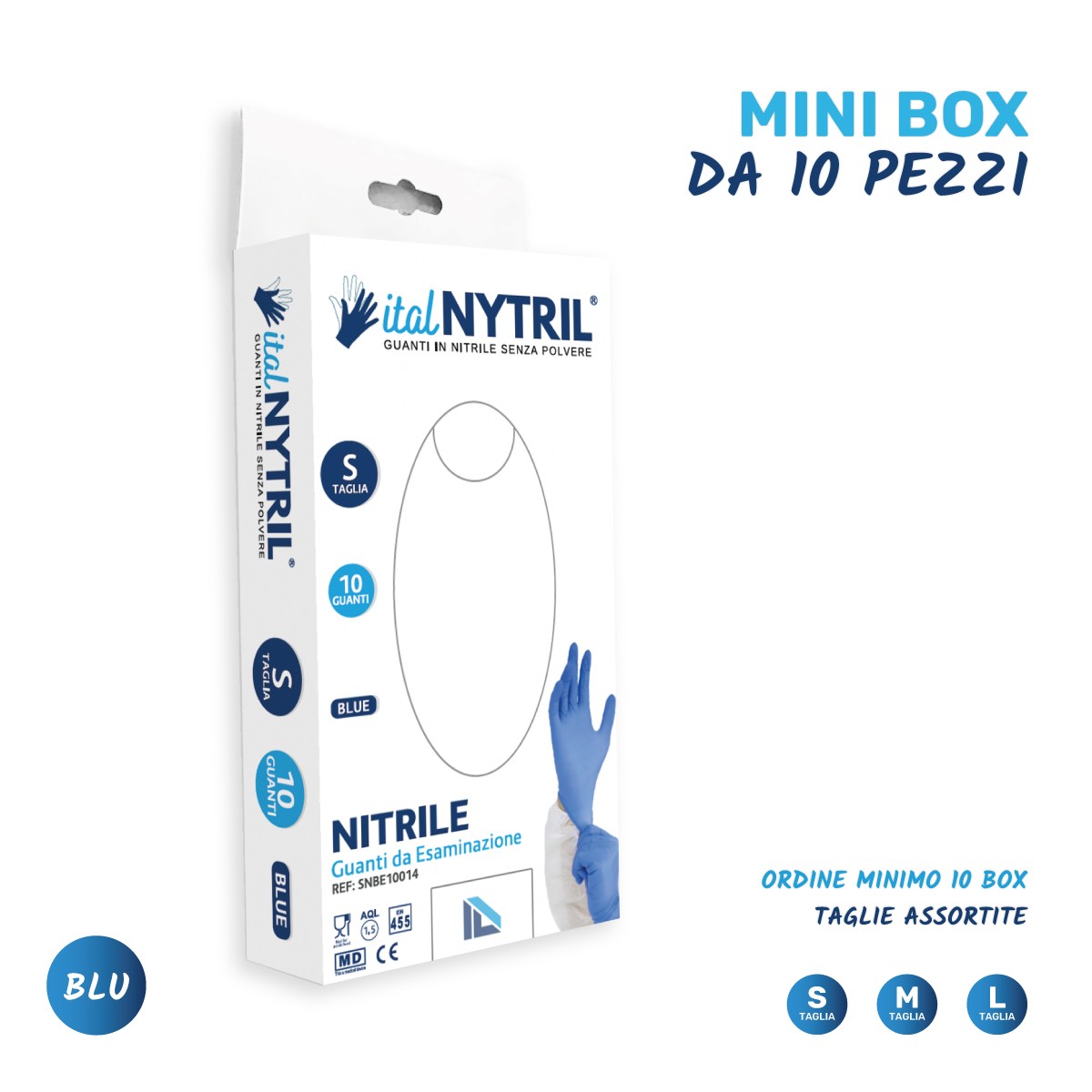 Mini box da 10 pezzi | Guanti in nitrile blu medicali sintetici monouso -  Italnytril (Ordine min. 10 PZ)