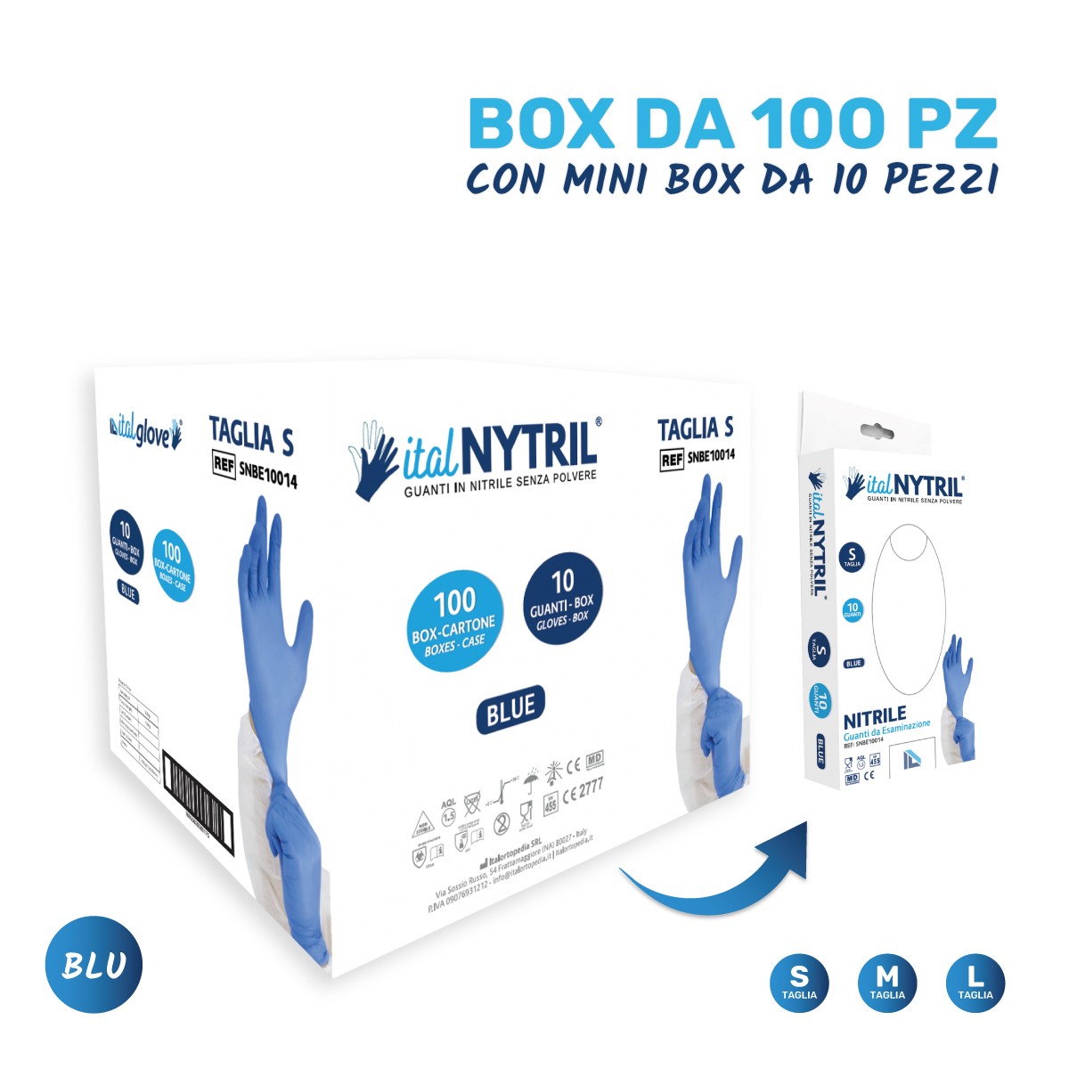 Box da 100 Pezzi (blu) | Dispenser di Guanti in nitrile medicali sintetici monouso - Ital Nytril